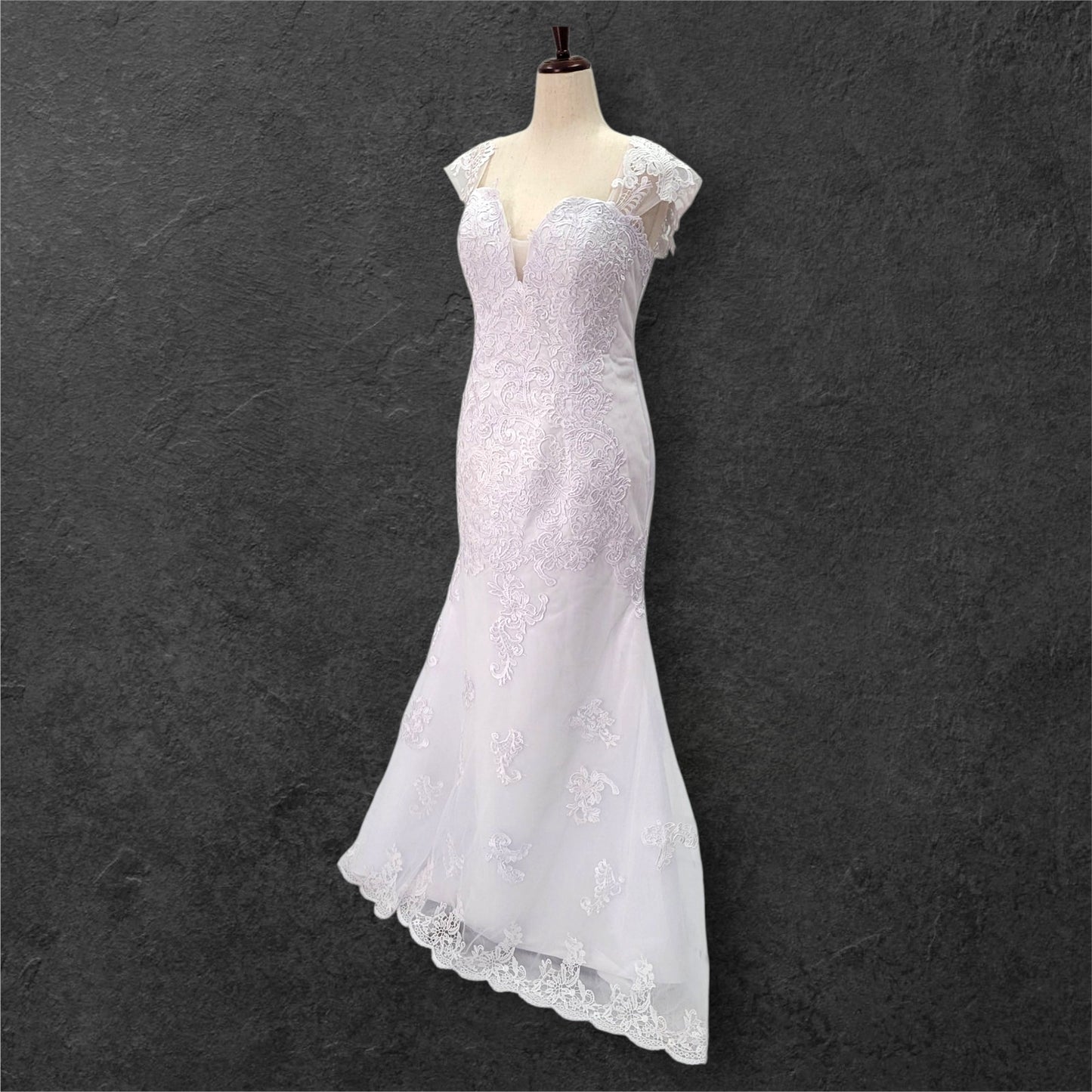 Fit n Flair Wedding Dress with Deep Sweetheart Neckline and Wide Sleeves