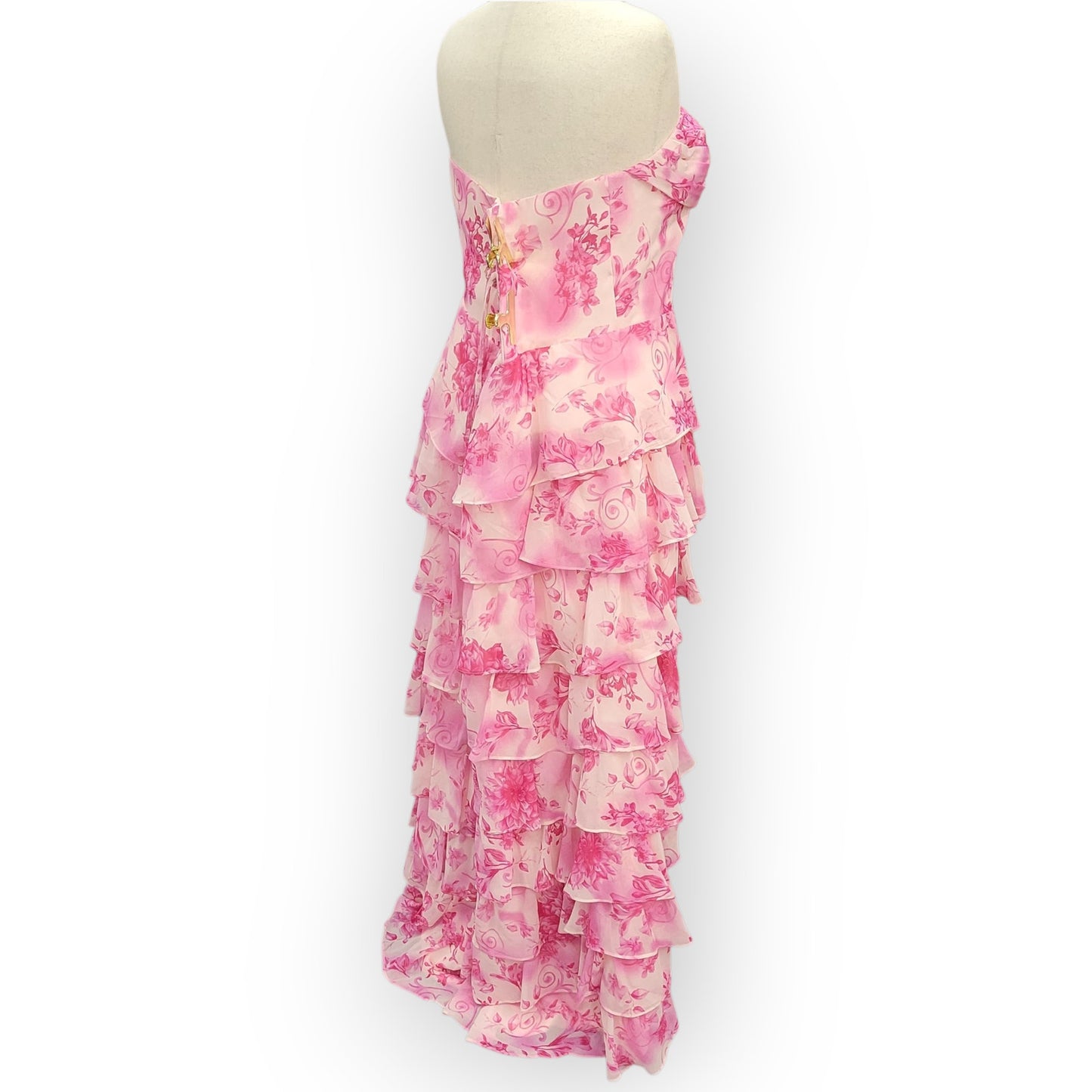 Strapless Pink Floral Tiered Dress with Corset Back