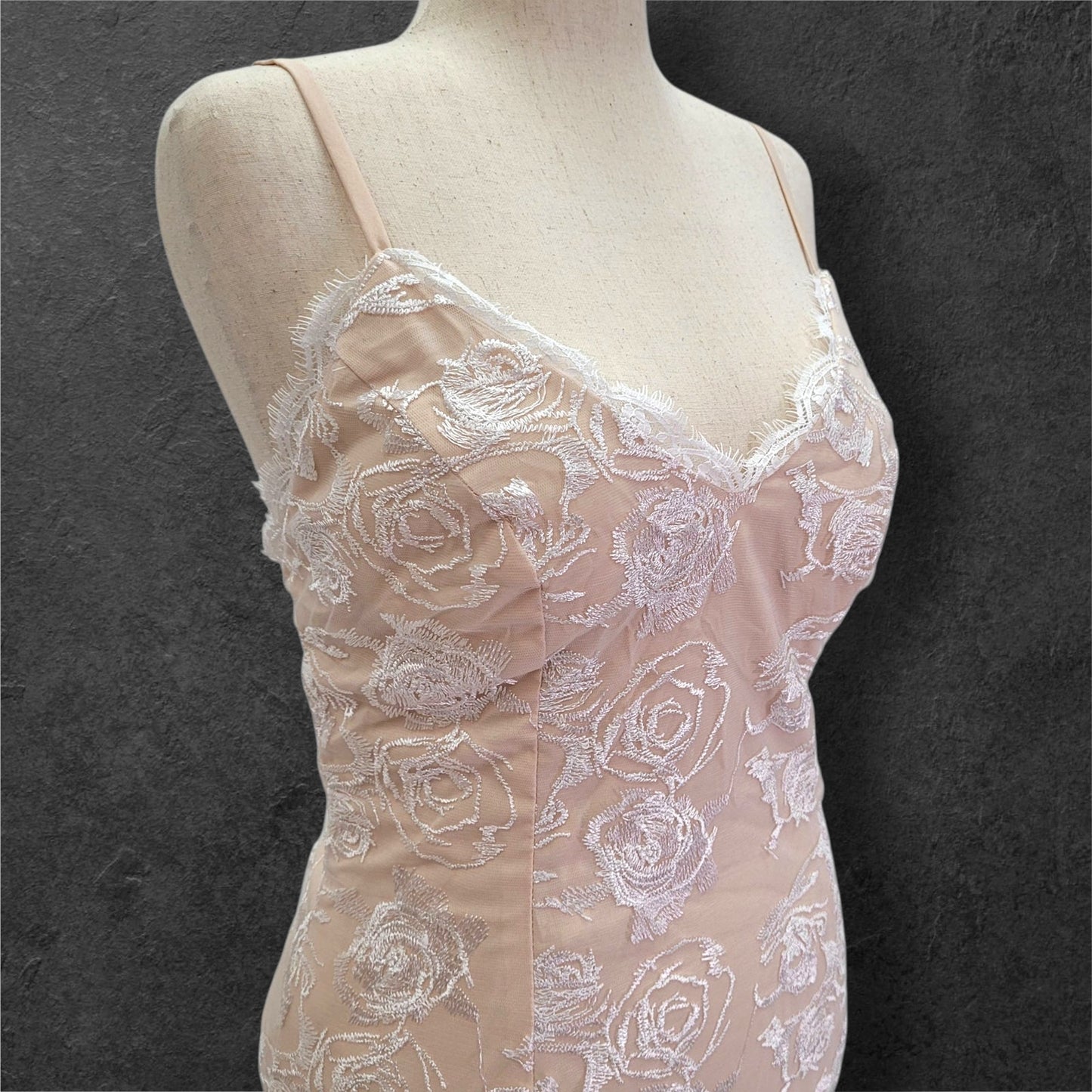 Beige Destination Wedding Dress with White Rose Overlay and Train