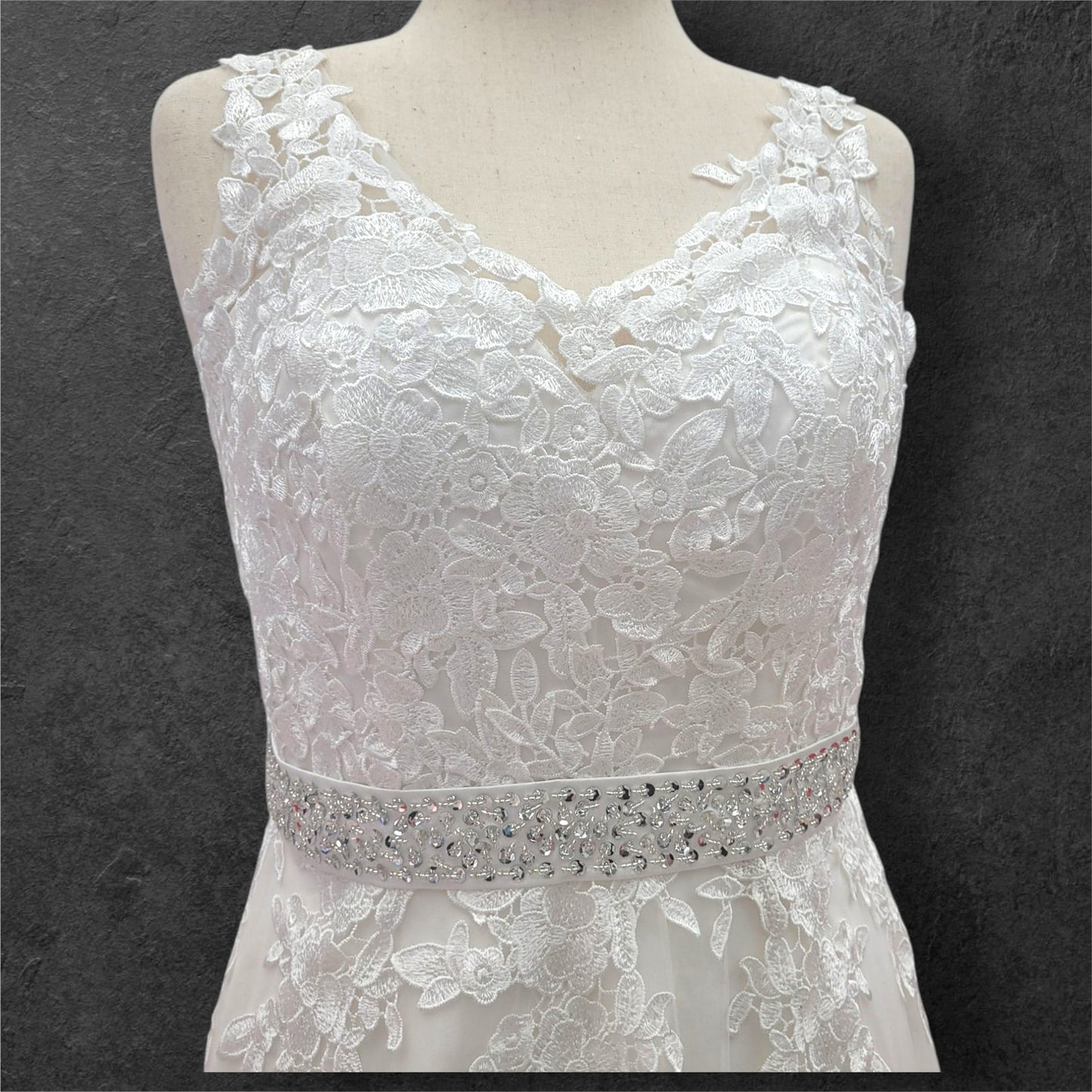 A Line Wedding Dress Silver Belt and Long Train