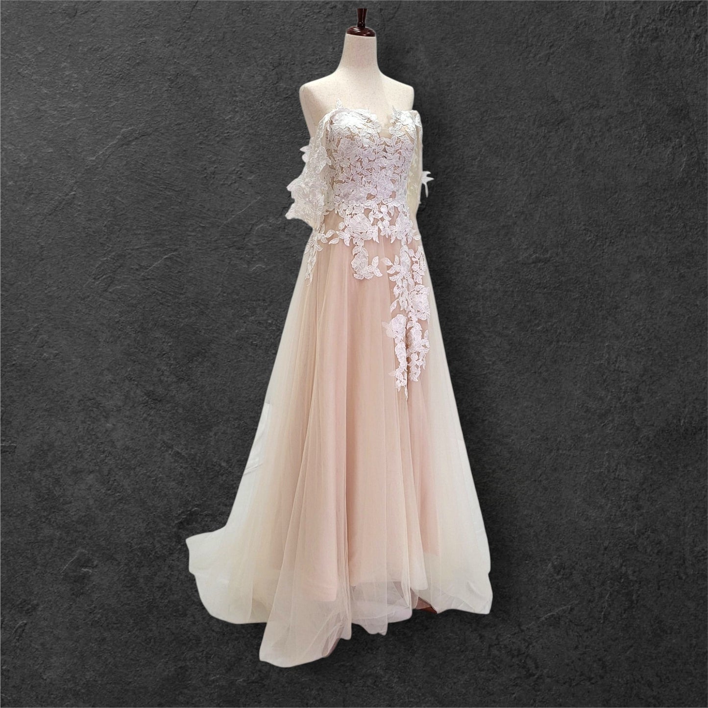Beige Champagne Wedding Dress with White Floral Appliques
