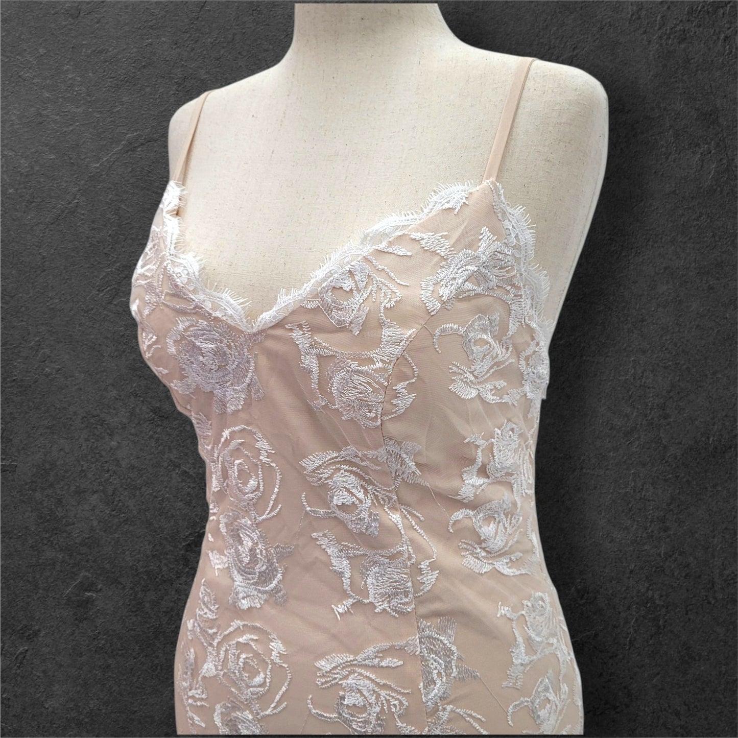 Beige Destination Wedding Dress with White Rose Overlay and Train