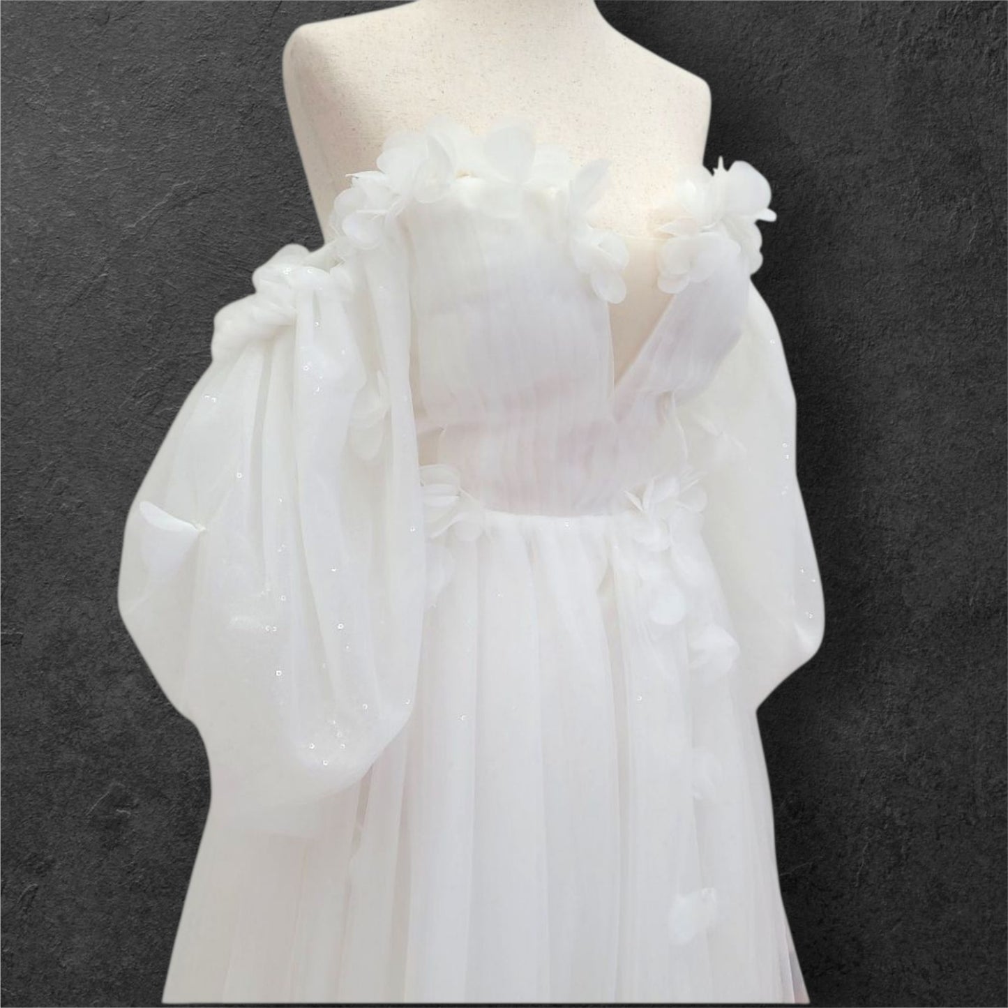 Tulle Ballgown with Puff Sleeves and Decorative Flowers