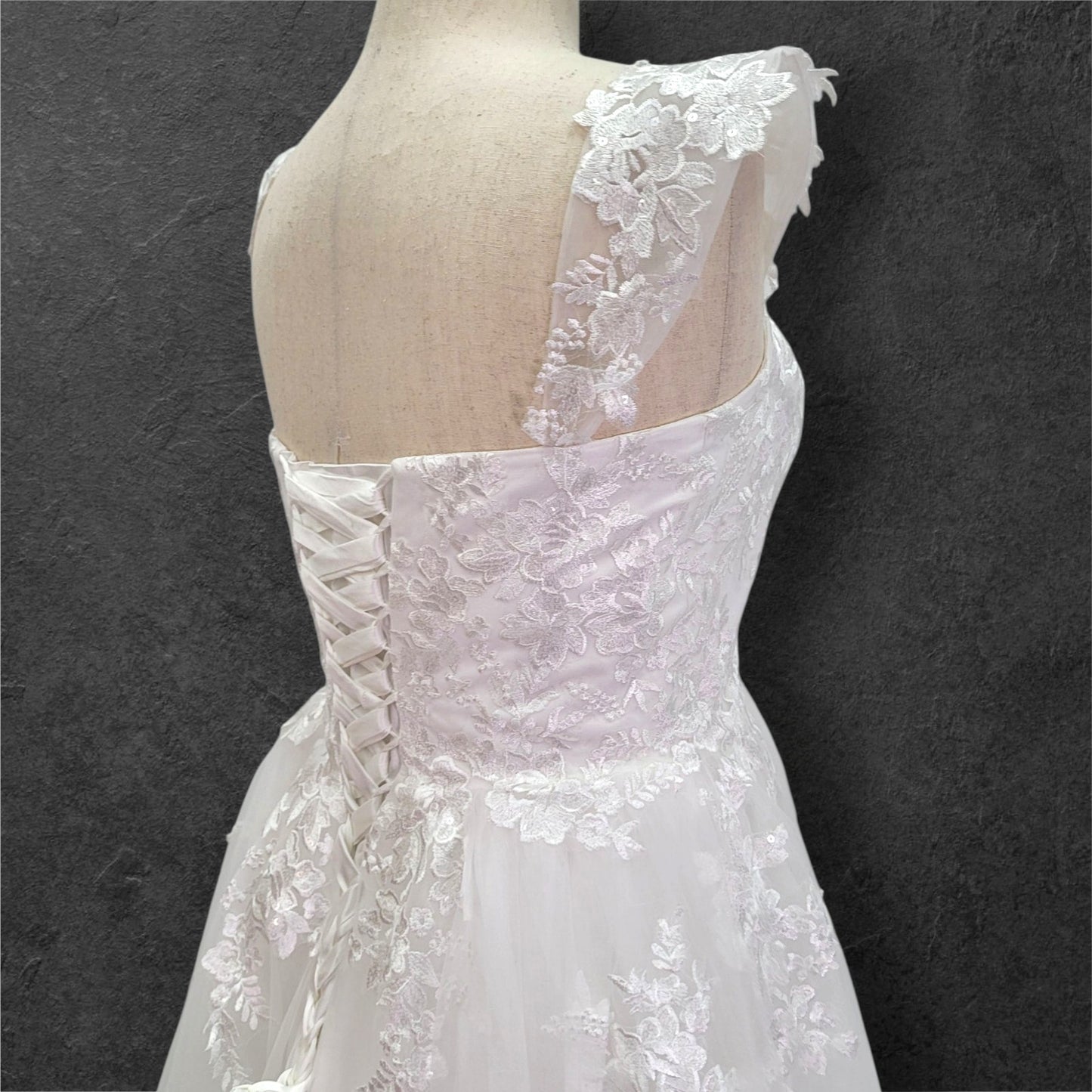 A Line Tulle Wedding Dress with Floral Appliques and Corset Back