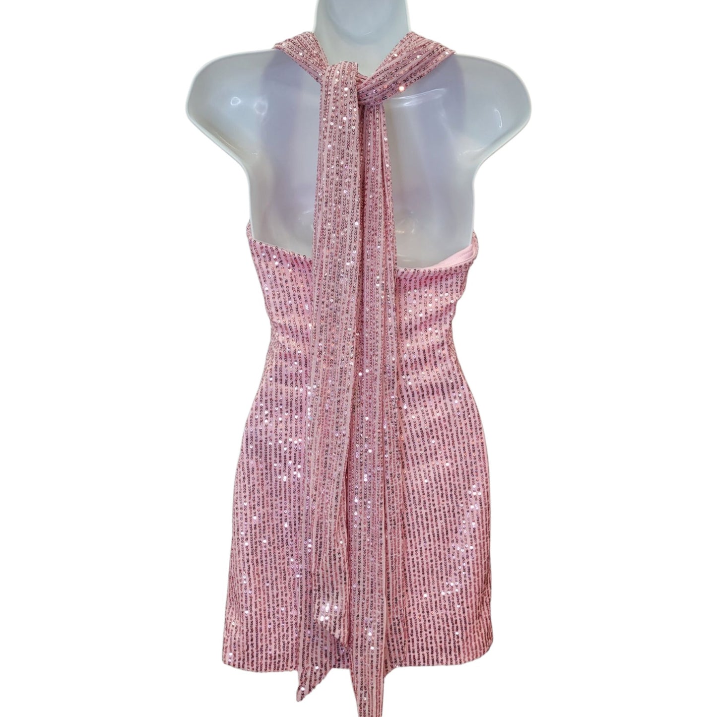 Women's Pink Short Sequin Halter Tie Dress
