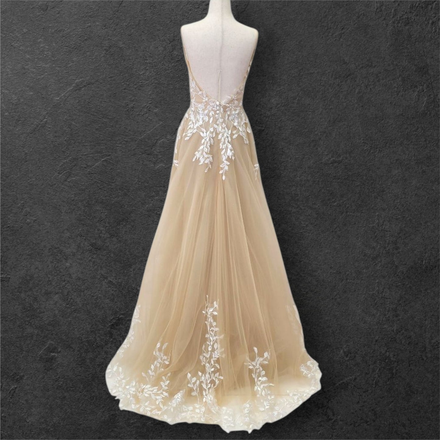 Beige Ballgown Wedding Dress with White Floral Appliques