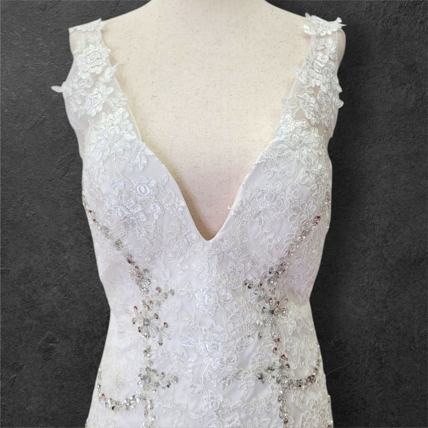 Detailed V Neck Wedding Dress with Silver Sequin Design