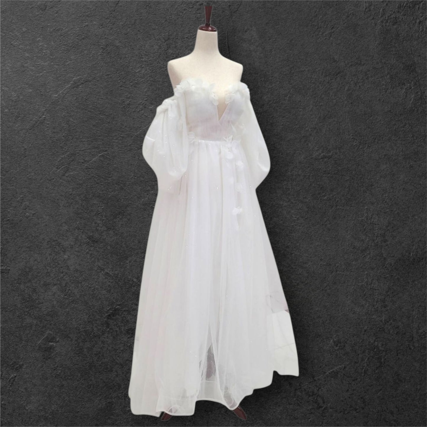 Tulle Ballgown with Puff Sleeves and Decorative Flowers