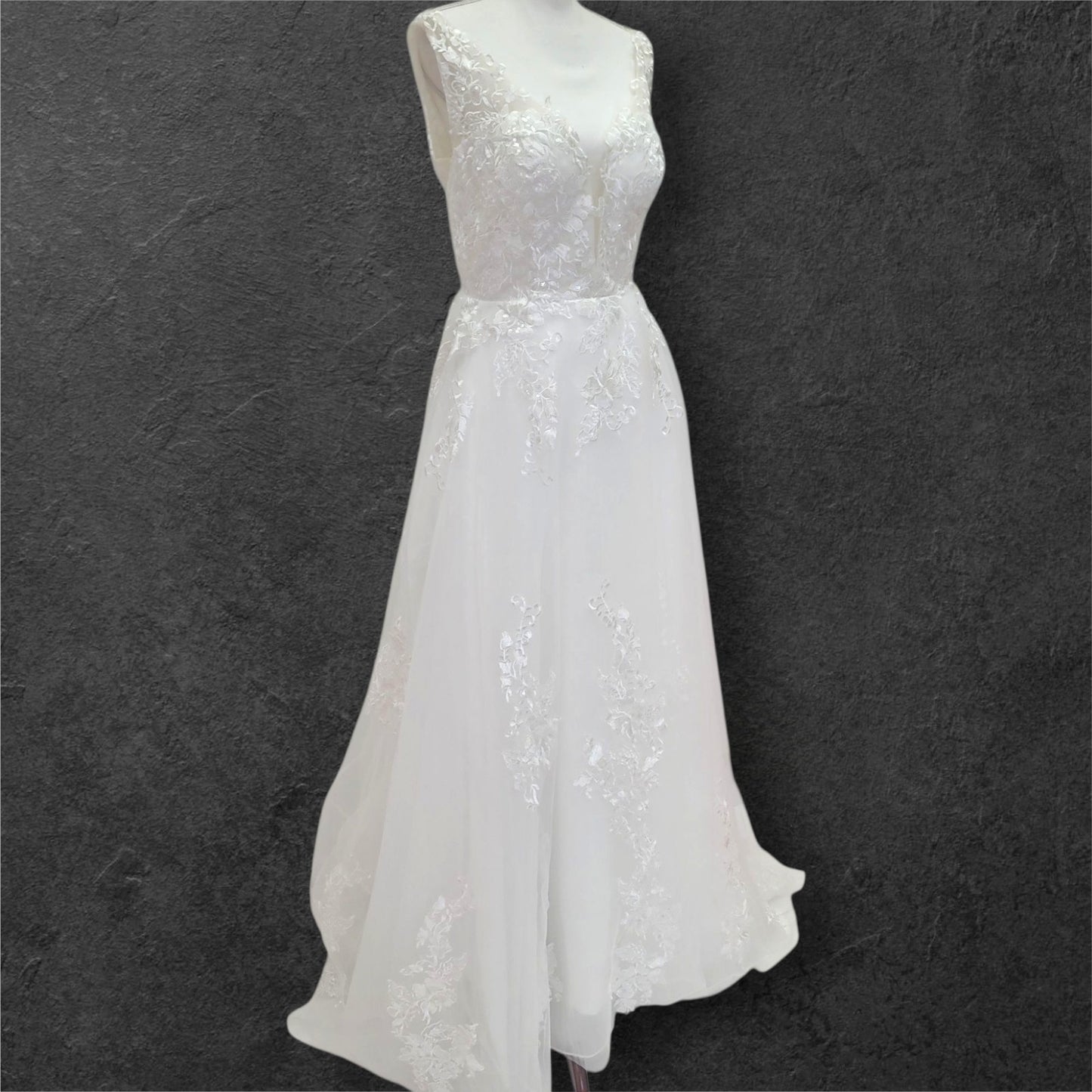 Detailed Low Back Wedding Dress with Train and Plunge V Neck