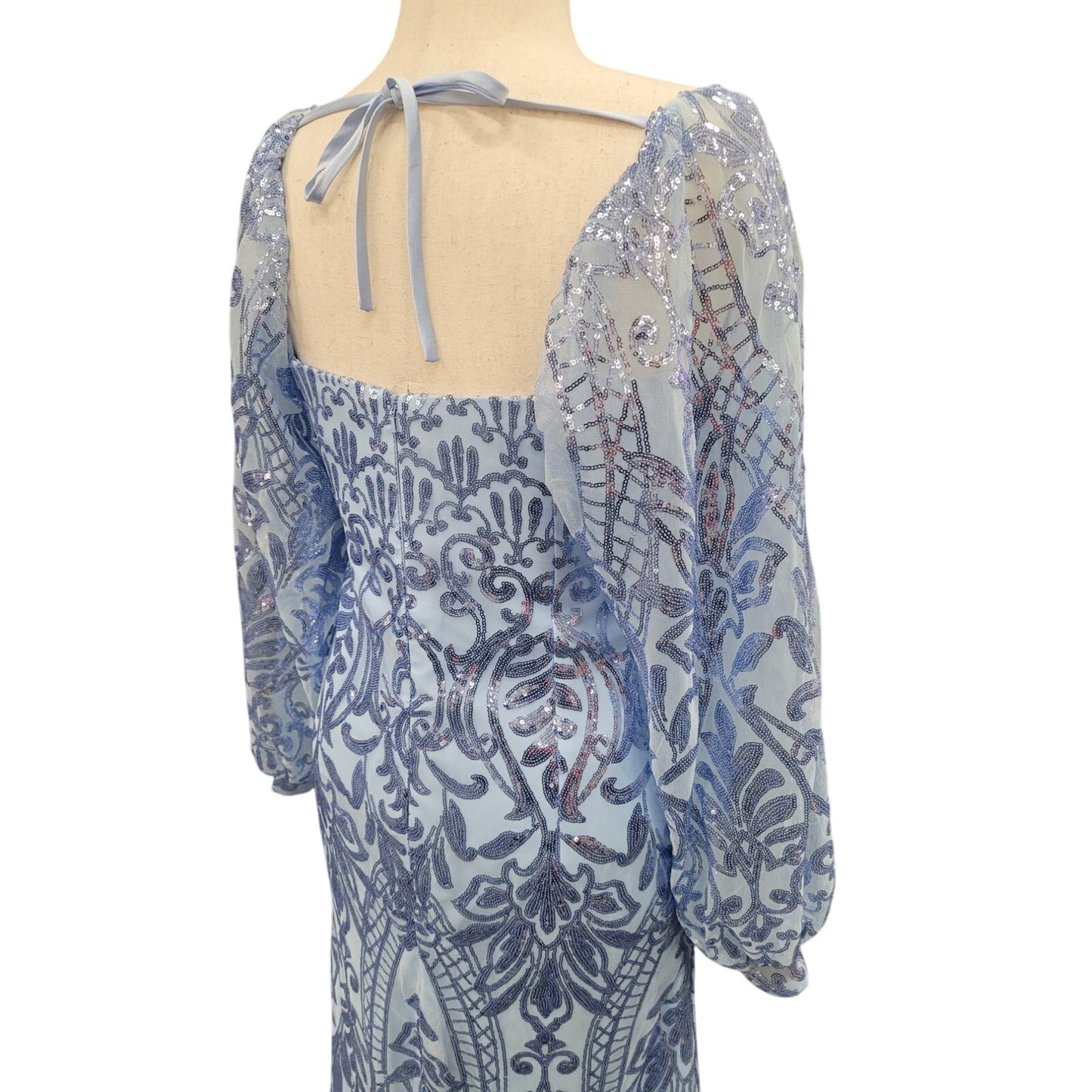Long Sleeved Patterned Sequin Gown in Light Blue