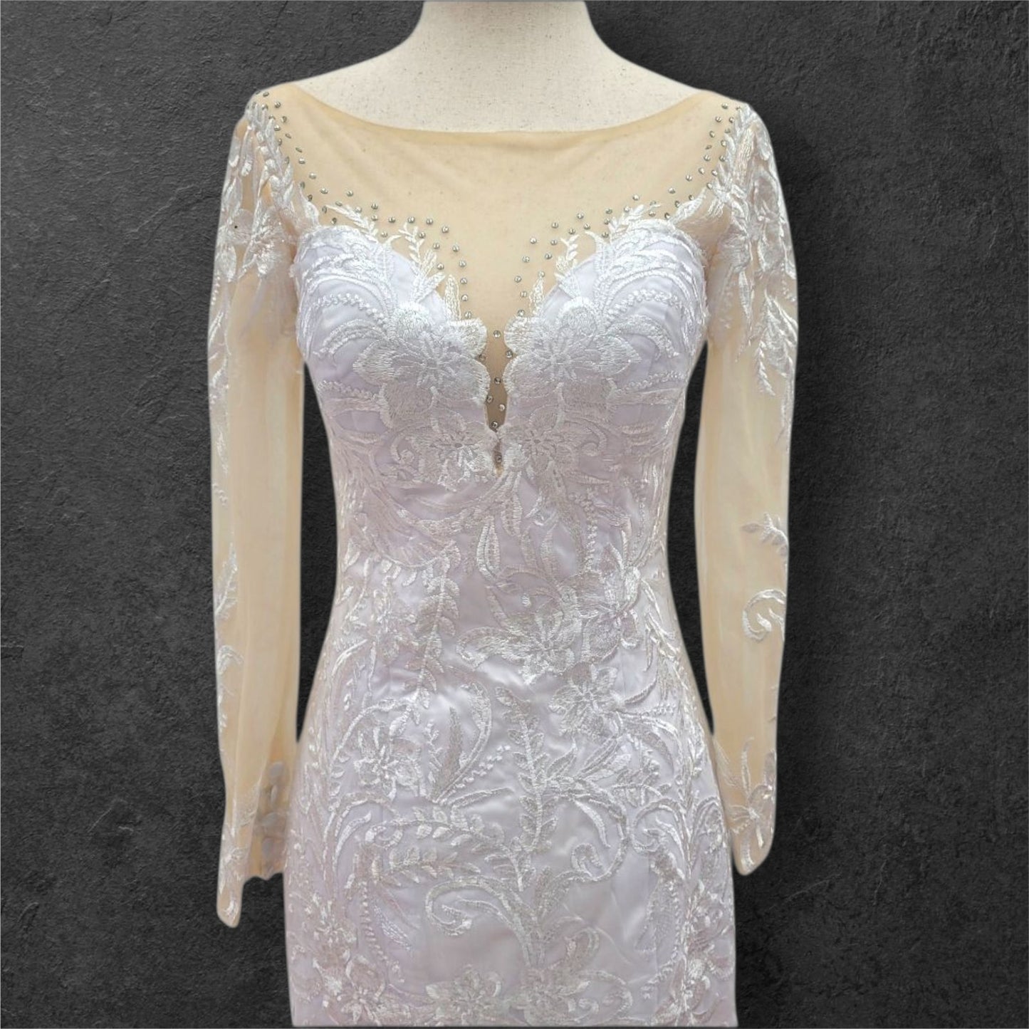 Fitted V Neck Wedding Dress with Long Mesh Sleeves with Lace