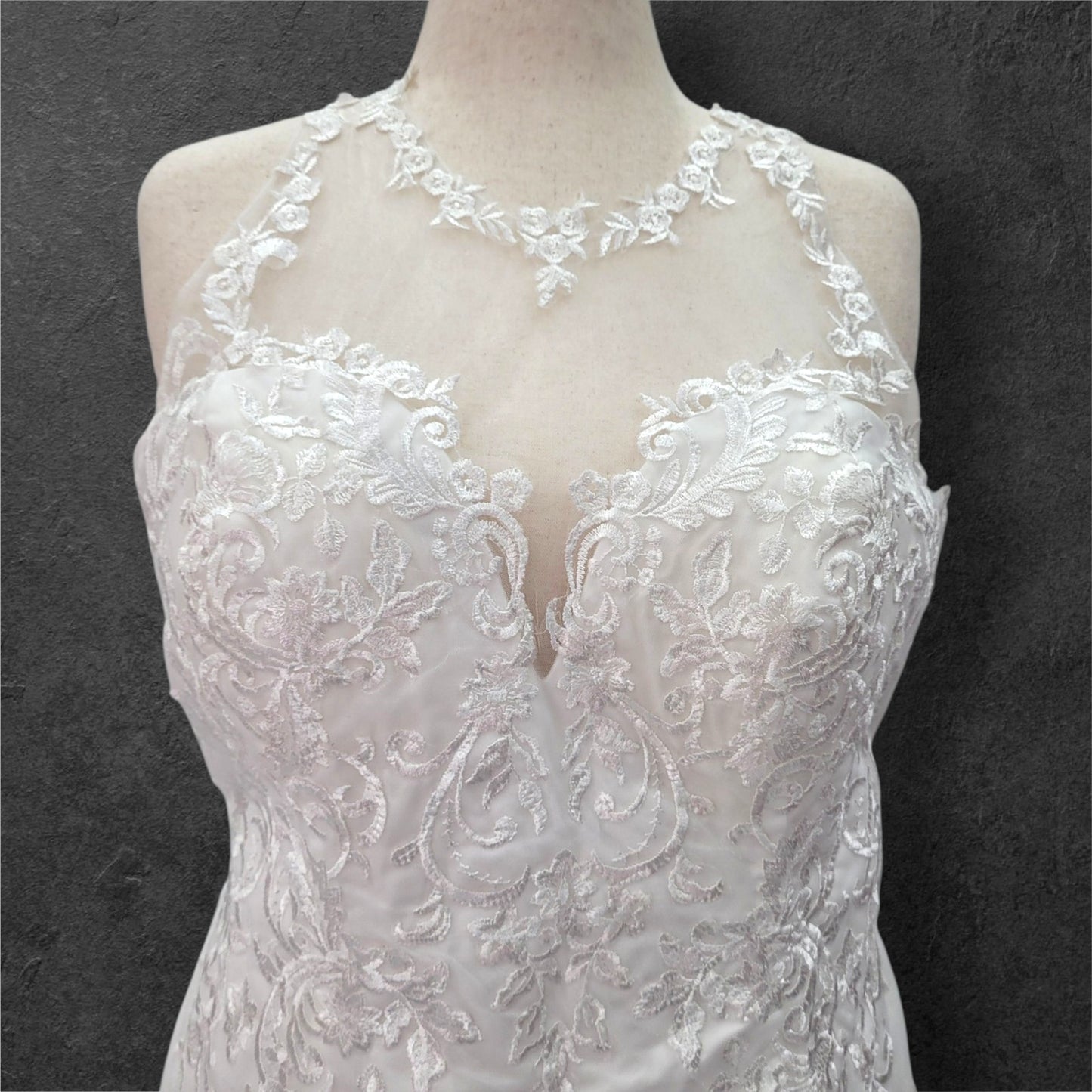 Halter Style Sleeveless Fit n Flair Wedding Dress with Sheer Mesh Back