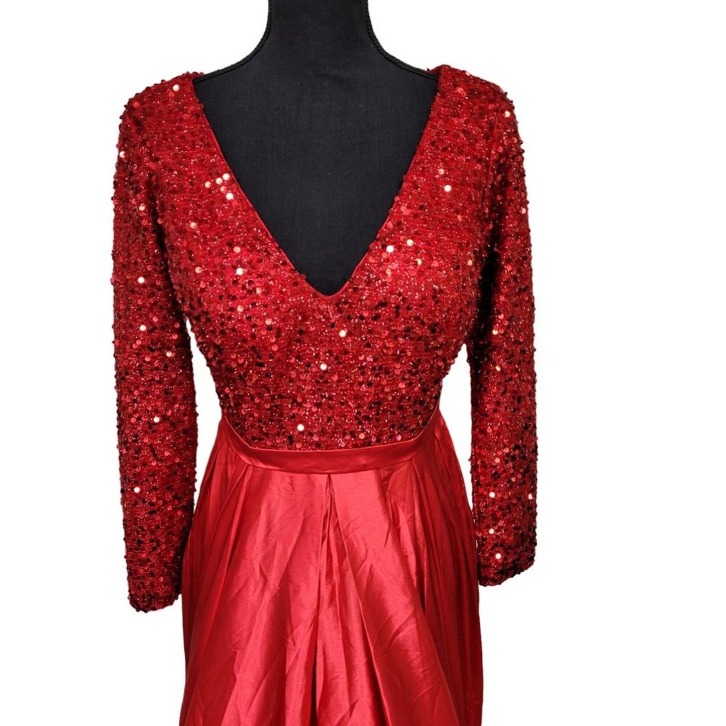 Bright Red Gala Gown with Sequin Bodice and Long Sleeves