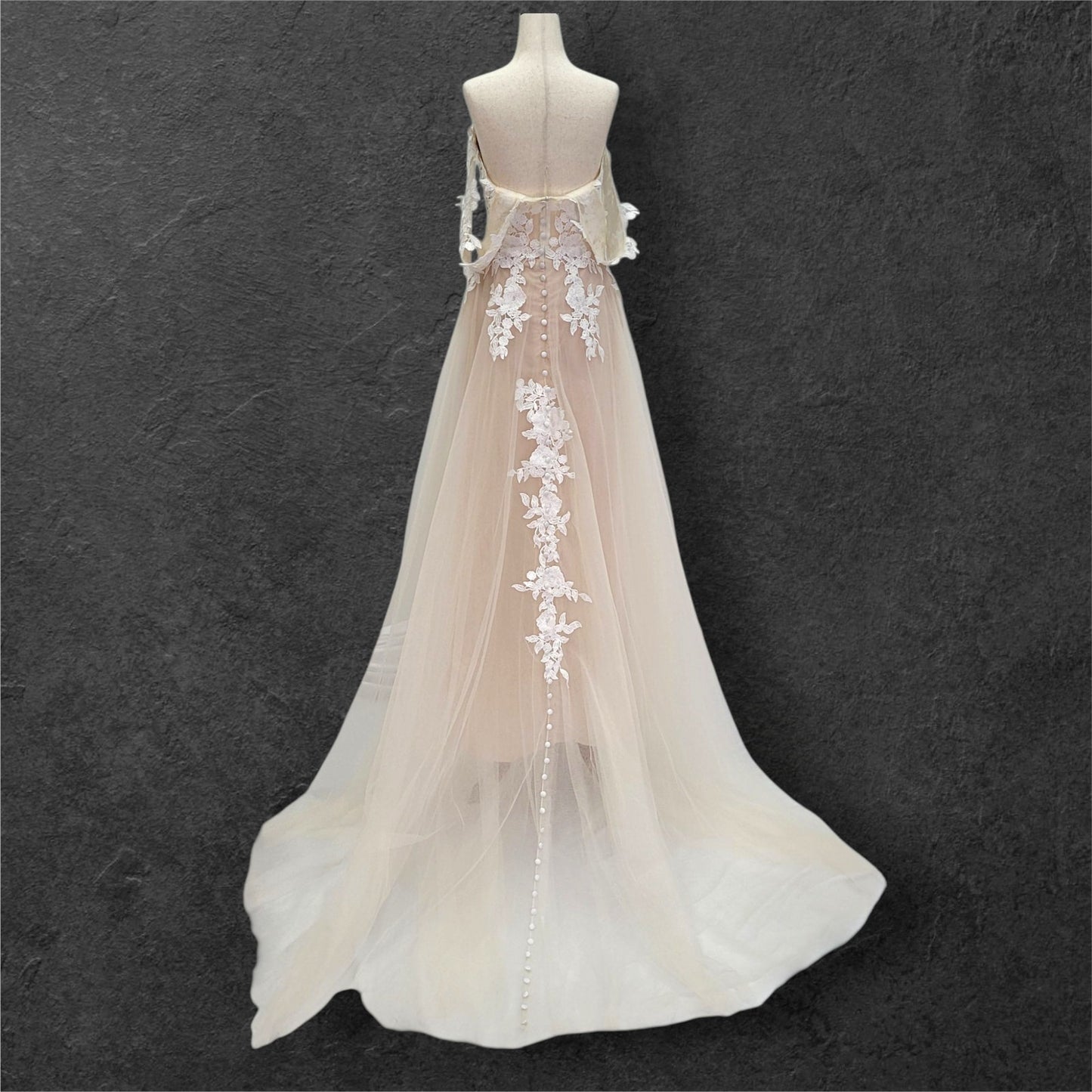 Beige Champagne Wedding Dress with White Floral Appliques