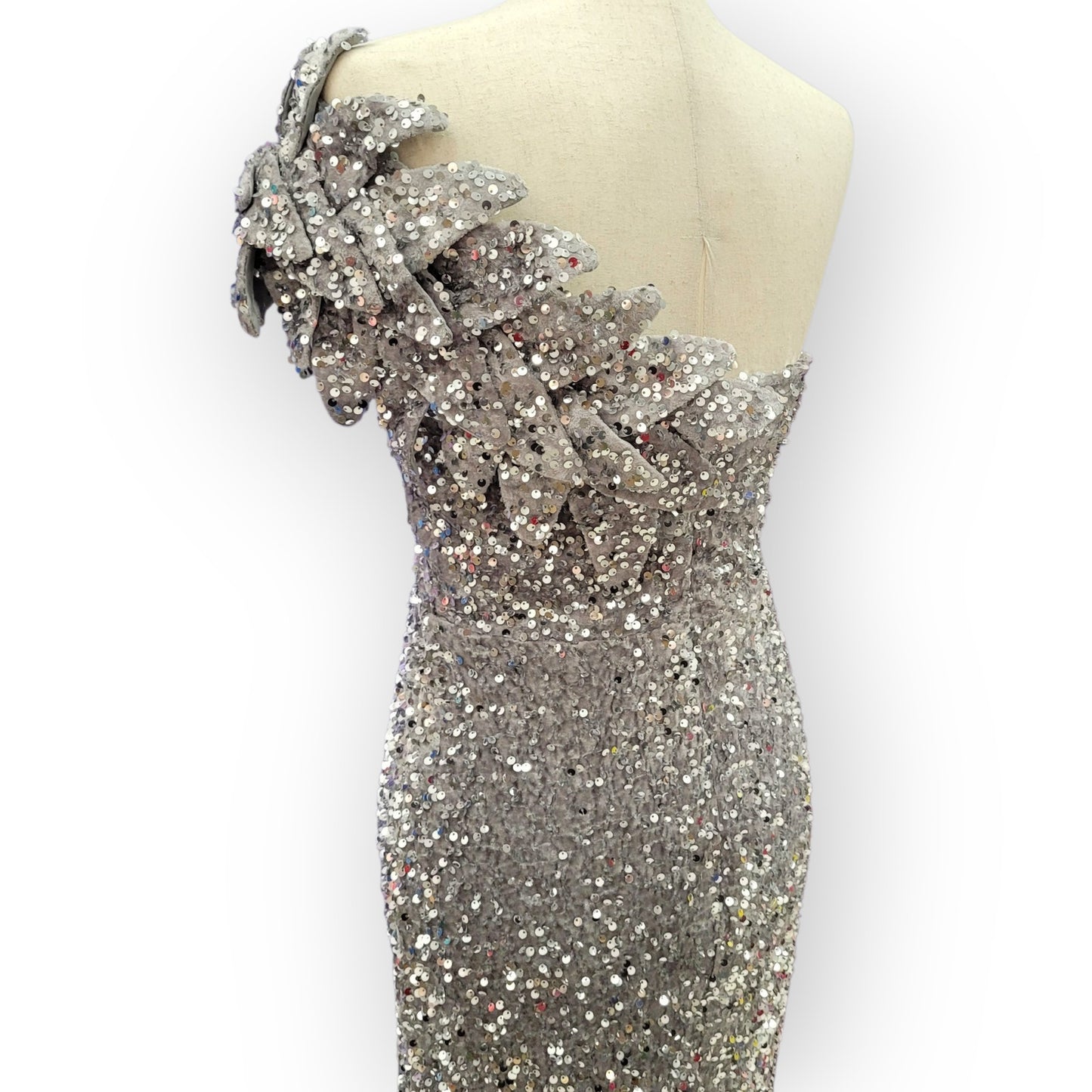 Elegant and Fun Sequin Evening Gown with Decorative Shoulder Strap