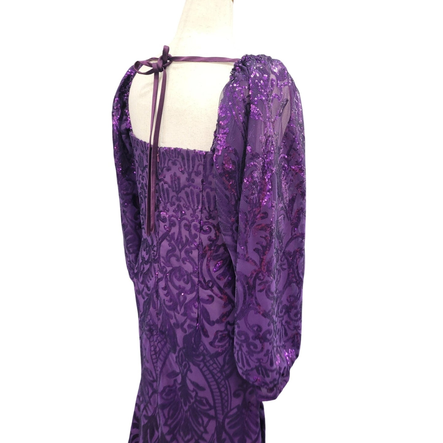 Long Sleeved Patterned Sequin Gown in Purple