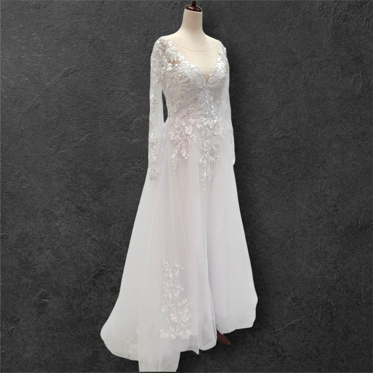 Long Sleeve Tulle Wedding Dress with Sheer Mesh Back with Floral Appliques