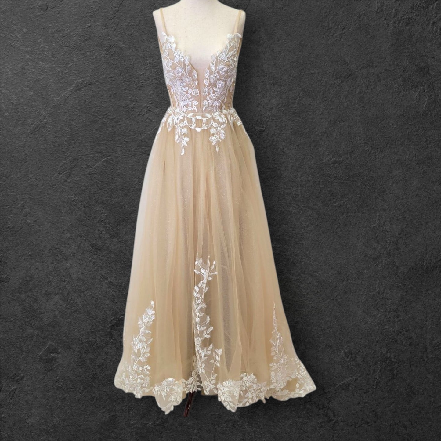 Beige Ballgown Wedding Dress with White Floral Appliques