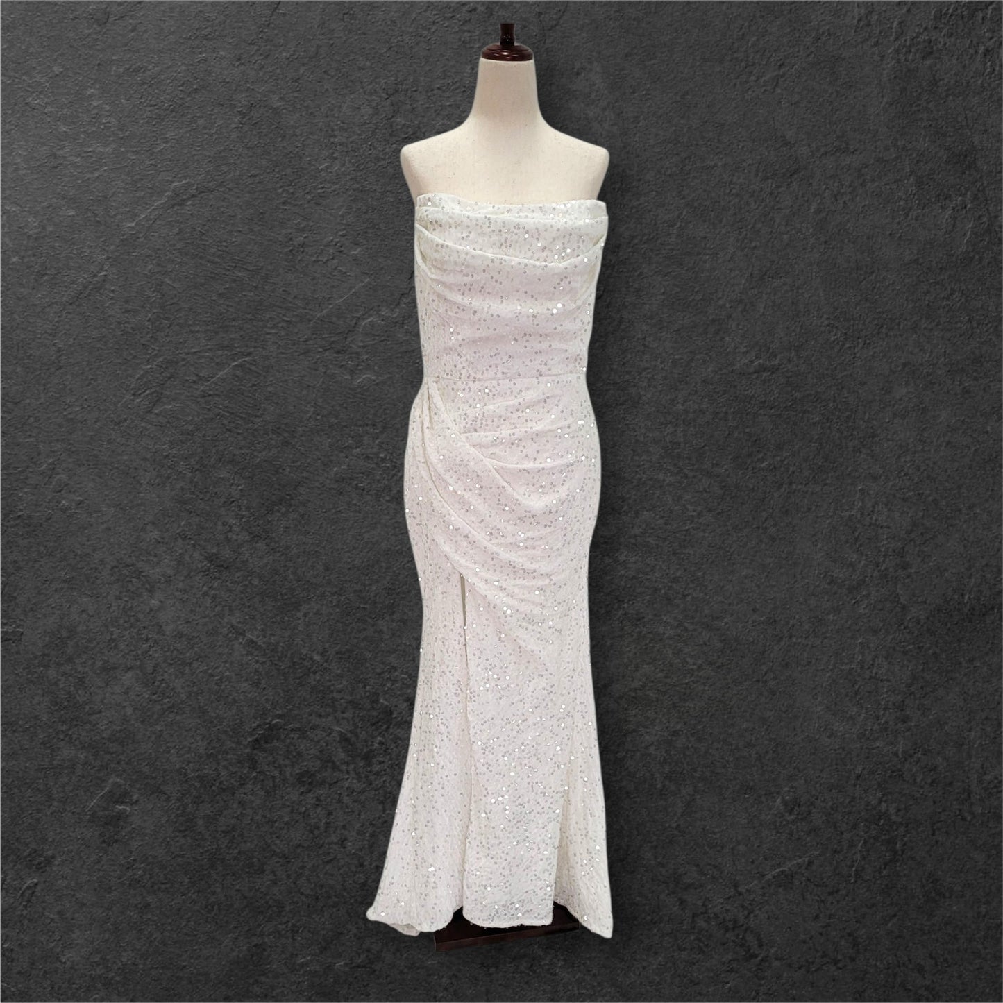Strapless White Sequin Gown with Corset Back and Leg Slit