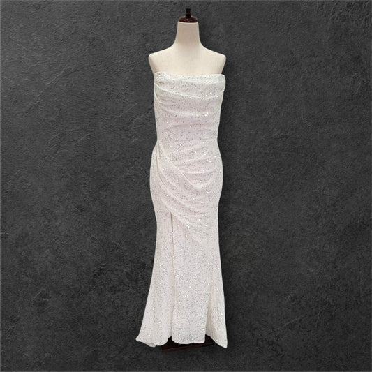 Strapless White Sequin Gown with Corset Back and Leg Slit