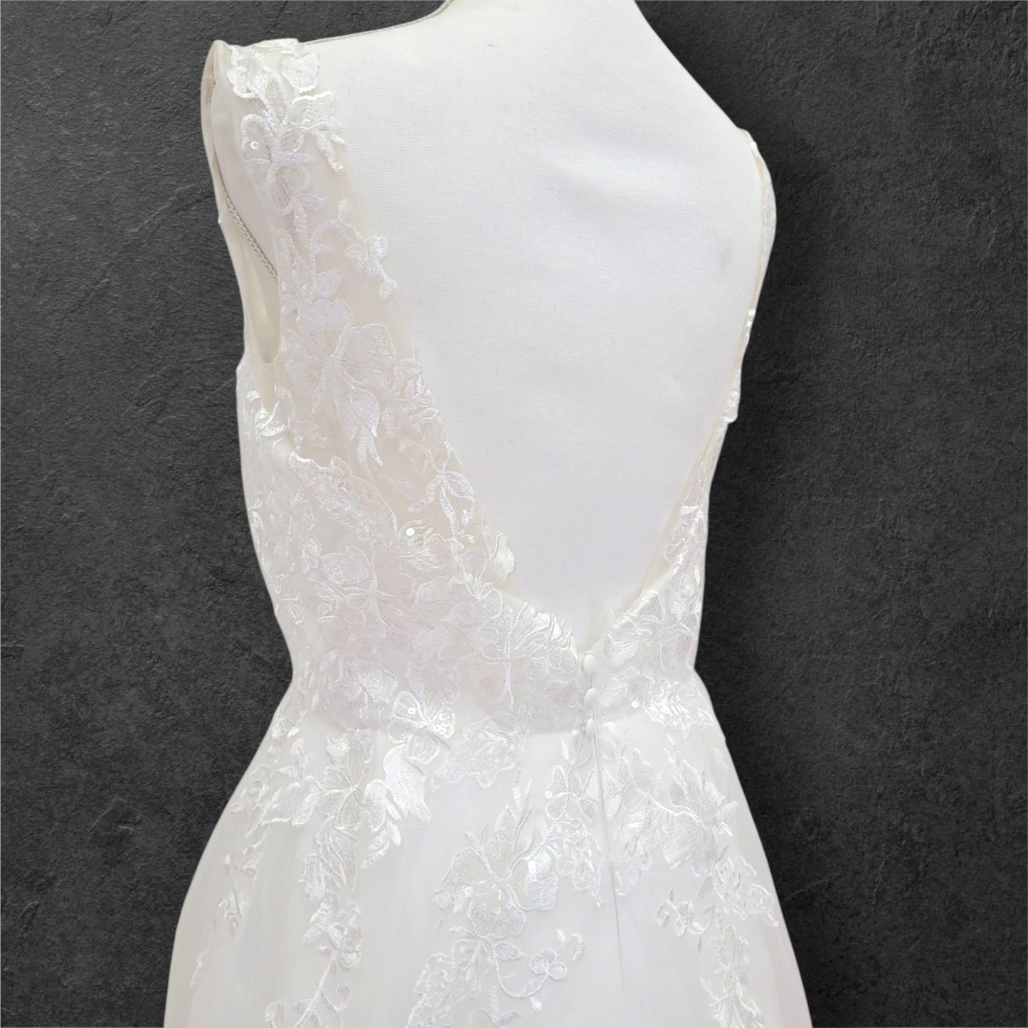 Detailed Low Back Wedding Dress with Train and Plunge V Neck