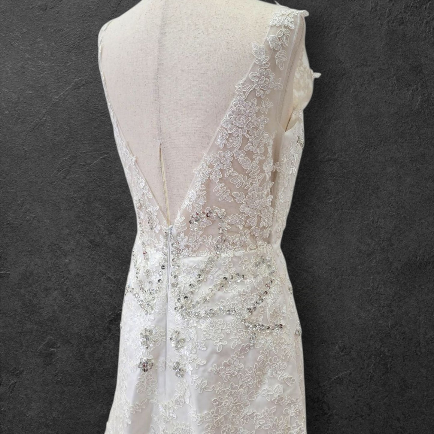 Detailed V Neck Wedding Dress with Silver Sequin Design