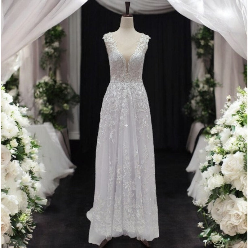Embroidered A Line Wedding Dress with Deep V Mesh Neckline