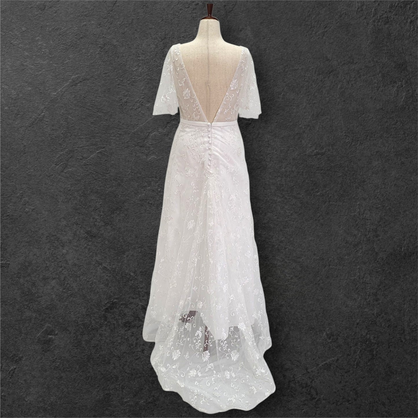 A Line Wedding Dress with Trumpet Sleeves and V Back