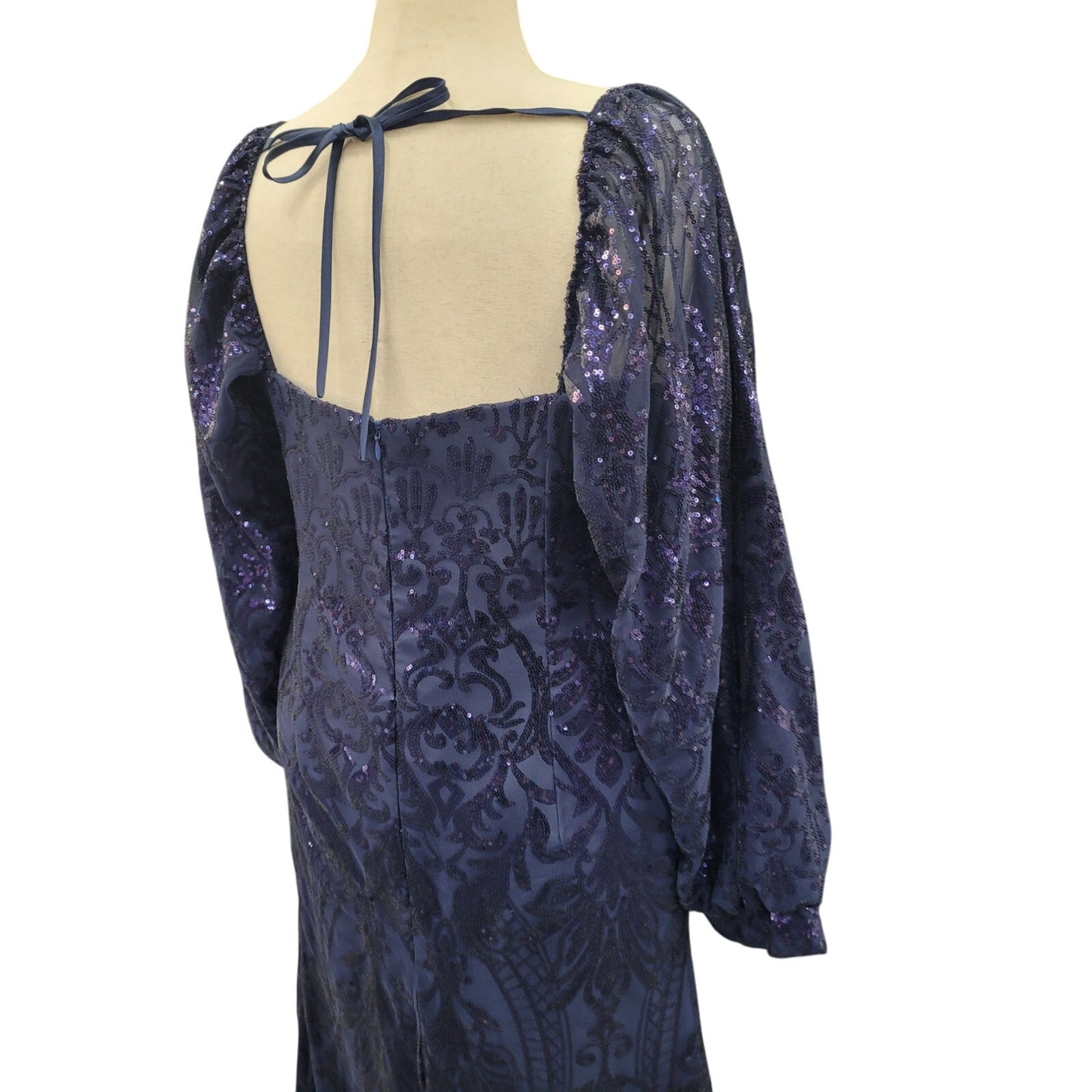 Long Sleeved Patterned Sequin Gown in Navy Blue