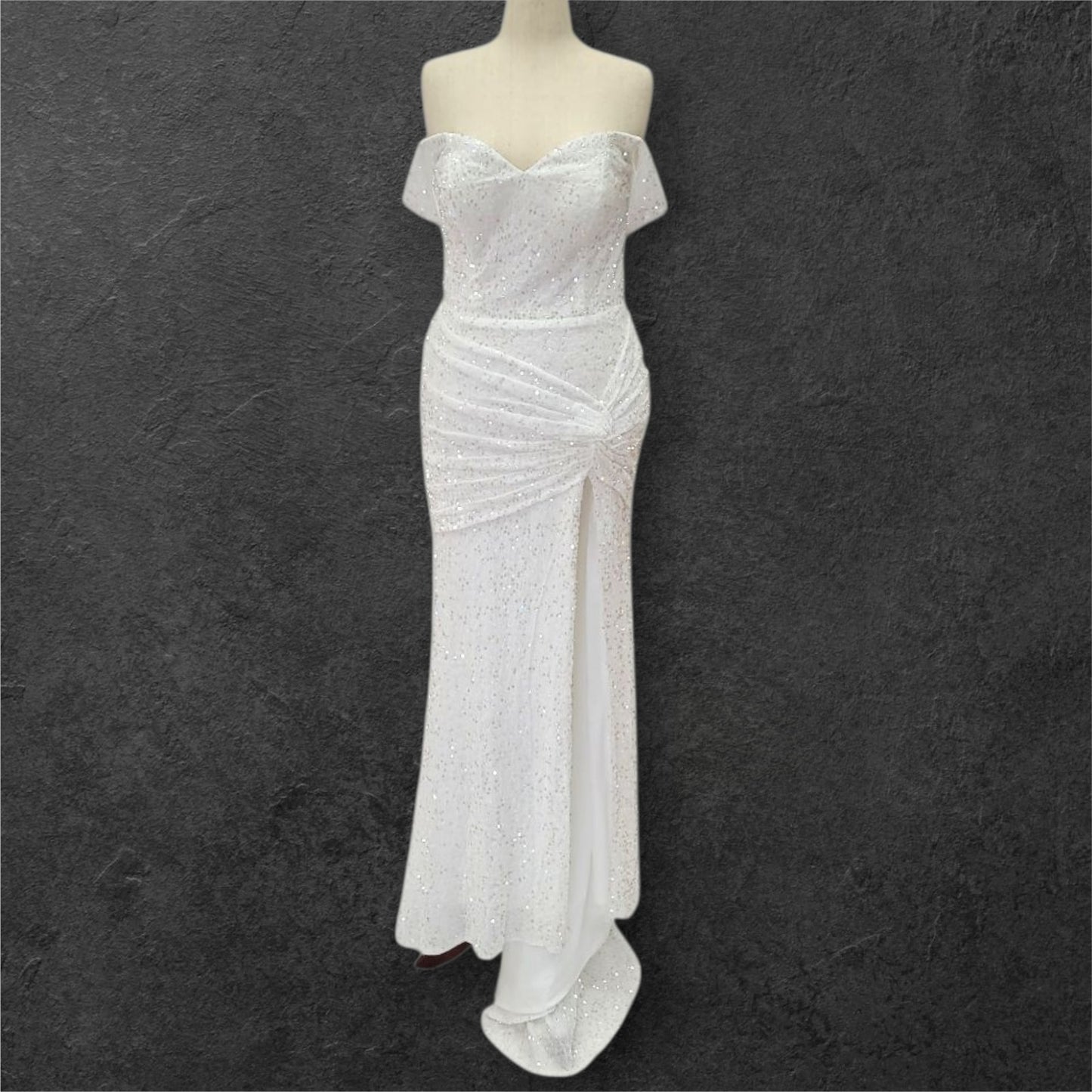 Hip Hugging Sequin Wedding Dress with Off Shoulder Sleeves and Corset Back