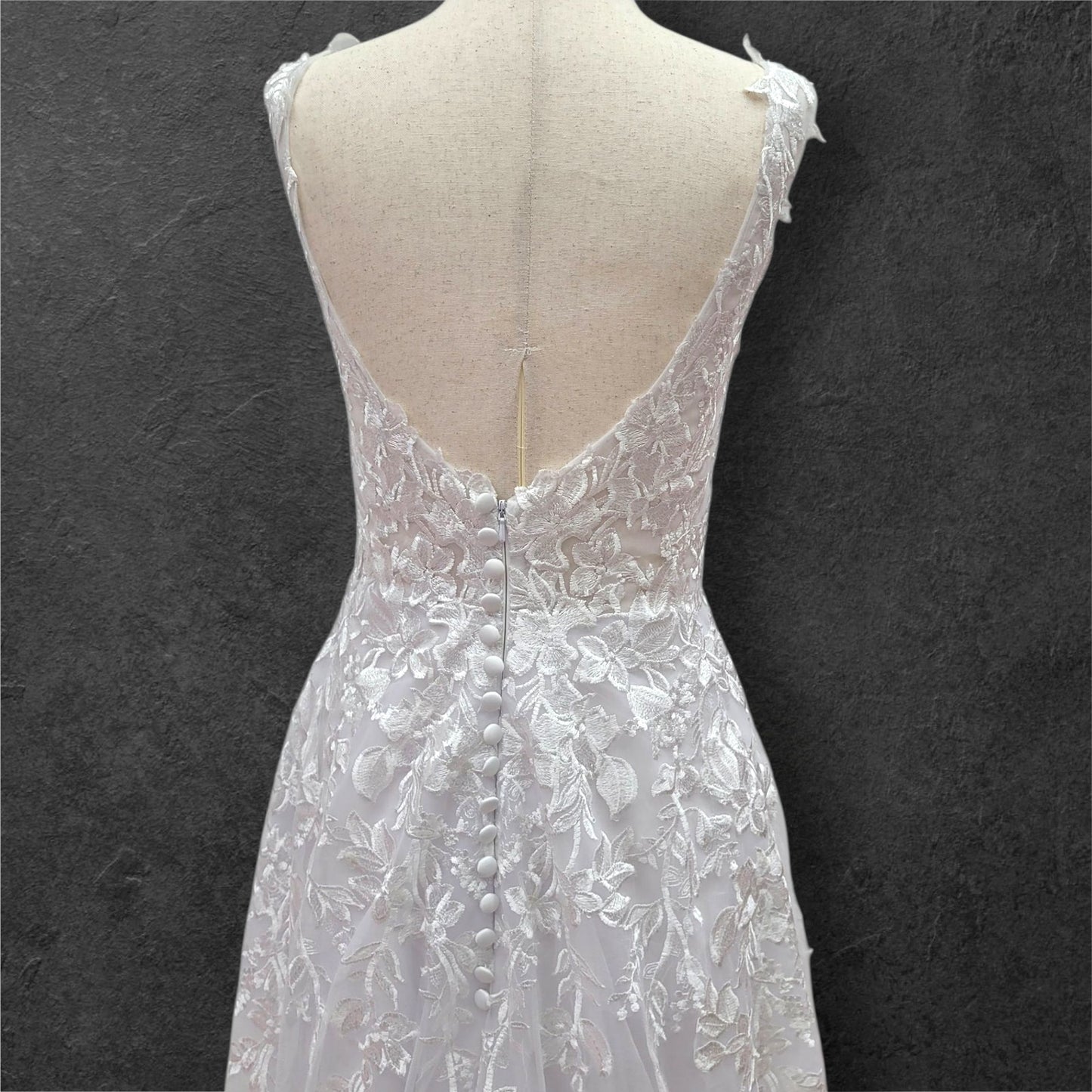Embroidered A Line Wedding Dress with Deep V Mesh Neckline