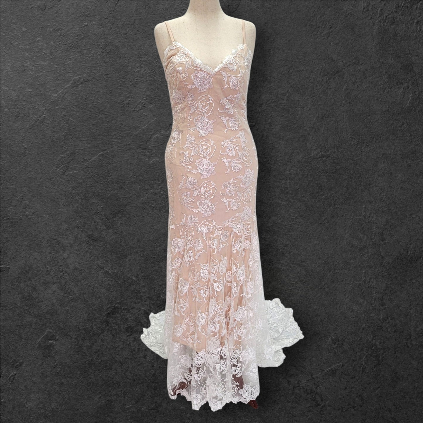 Beige Destination Wedding Dress with White Rose Overlay and Train