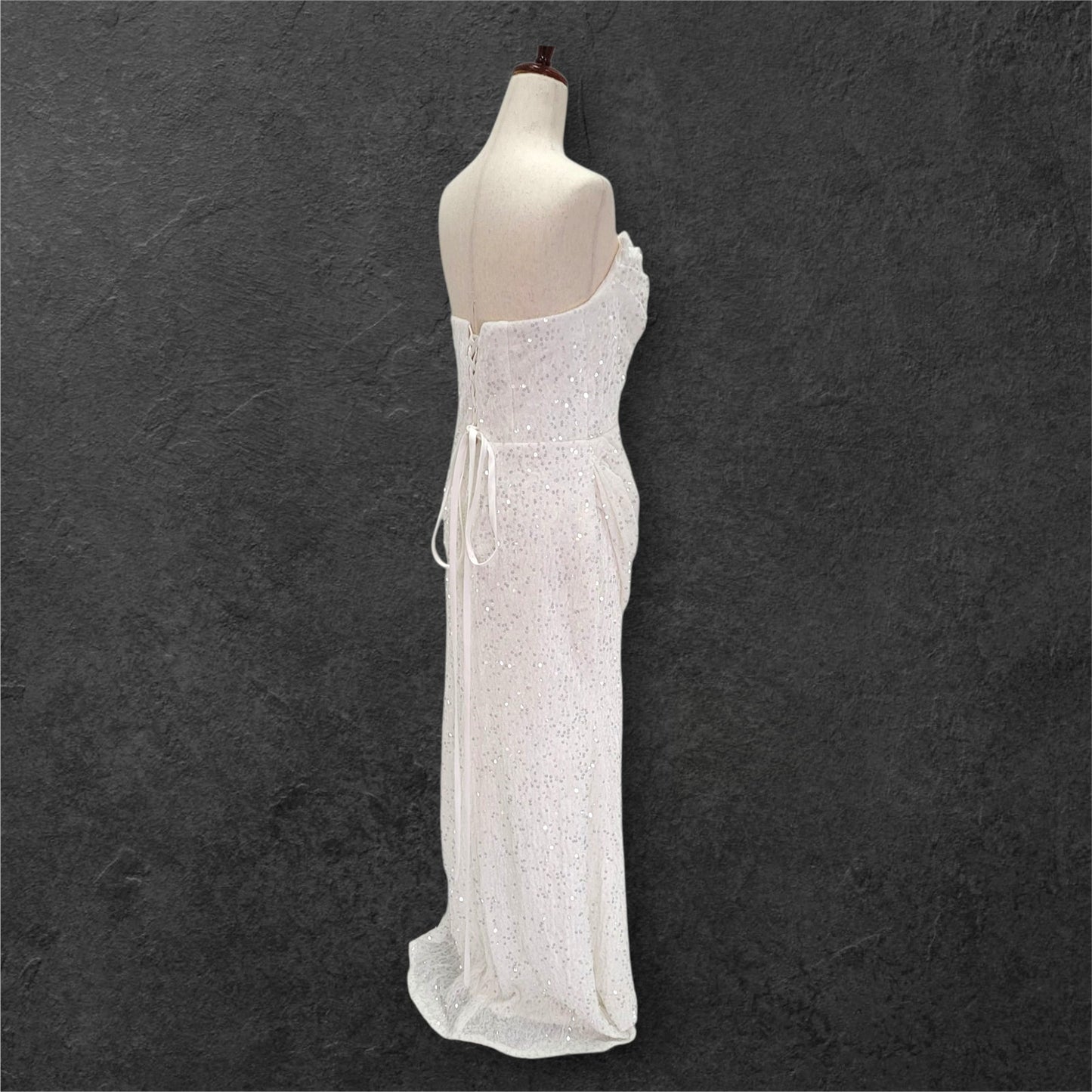 Strapless White Sequin Gown with Corset Back and Leg Slit