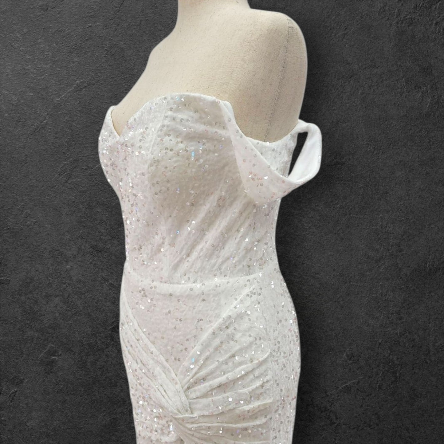 Hip Hugging Sequin Wedding Dress with Off Shoulder Sleeves and Corset Back