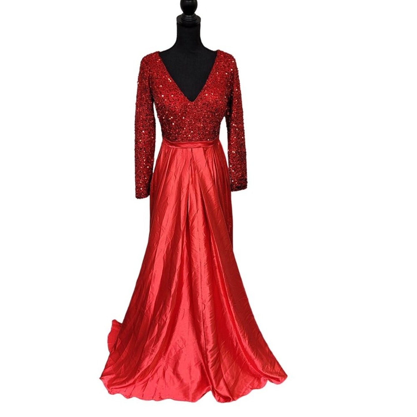 Bright Red Gala Gown with Sequin Bodice and Long Sleeves
