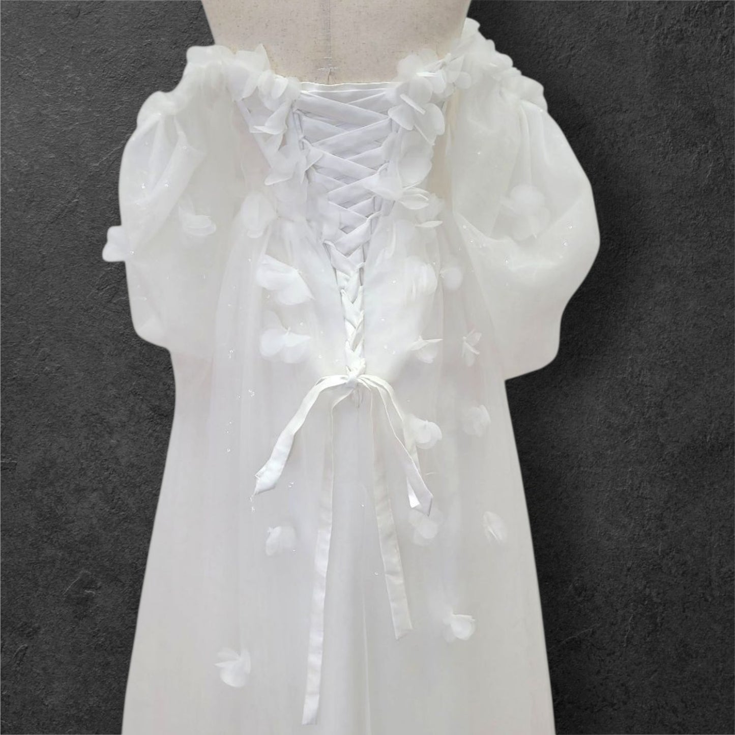 Tulle Ballgown with Puff Sleeves and Decorative Flowers