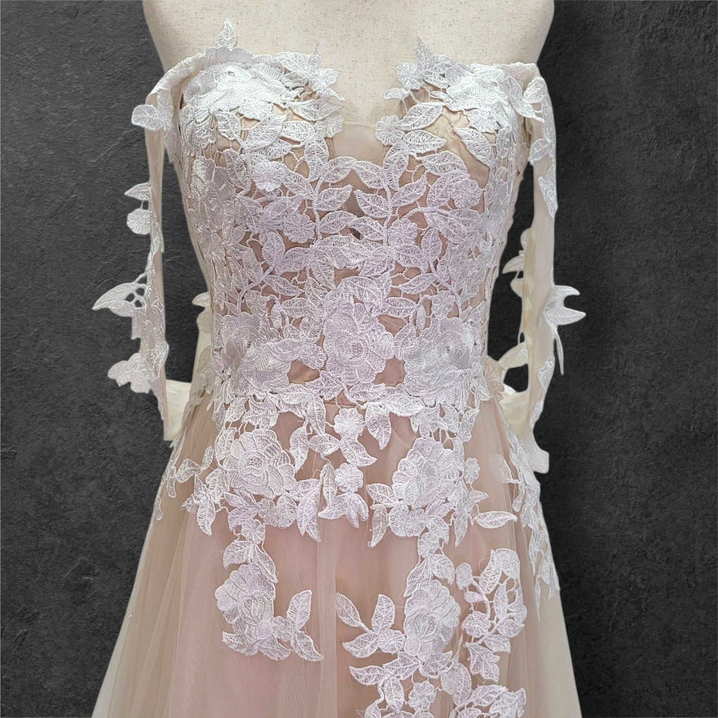 Beige Champagne Wedding Dress with White Floral Appliques