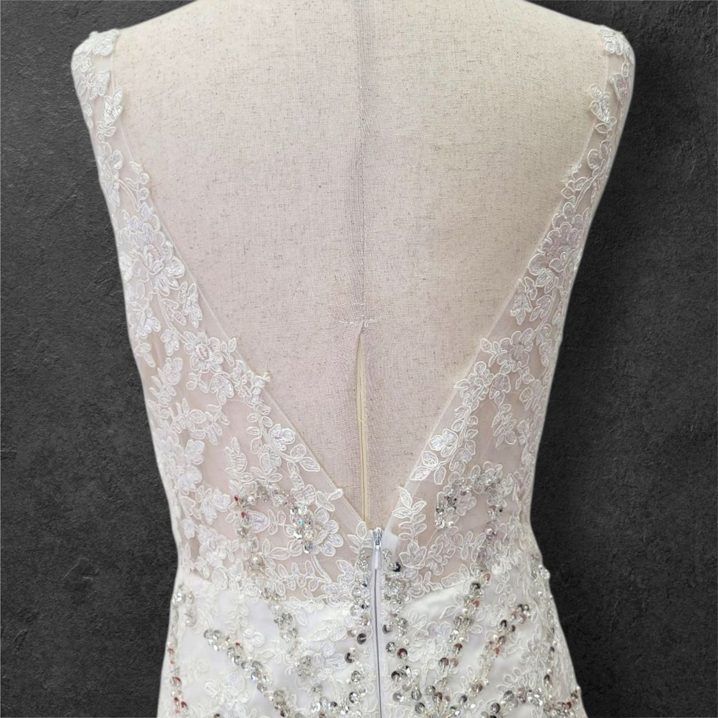 Detailed V Neck Wedding Dress with Silver Sequin Design