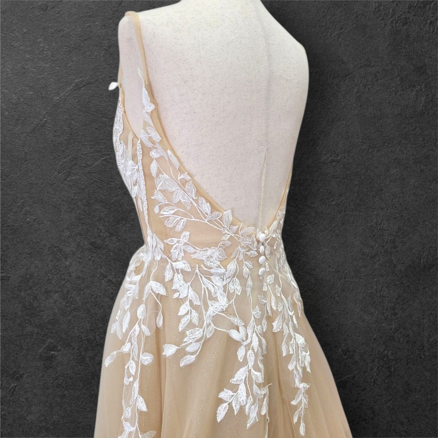 Beige Ballgown Wedding Dress with White Floral Appliques