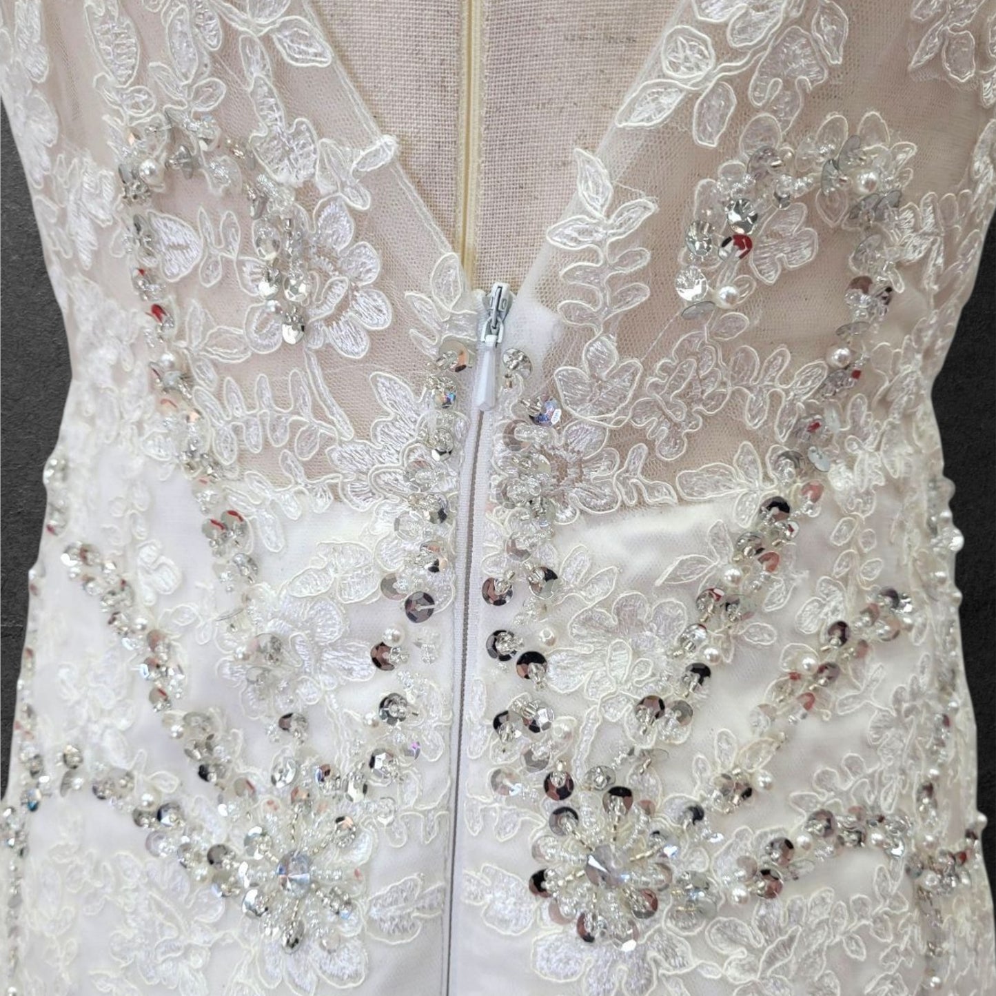 Detailed V Neck Wedding Dress with Silver Sequin Design