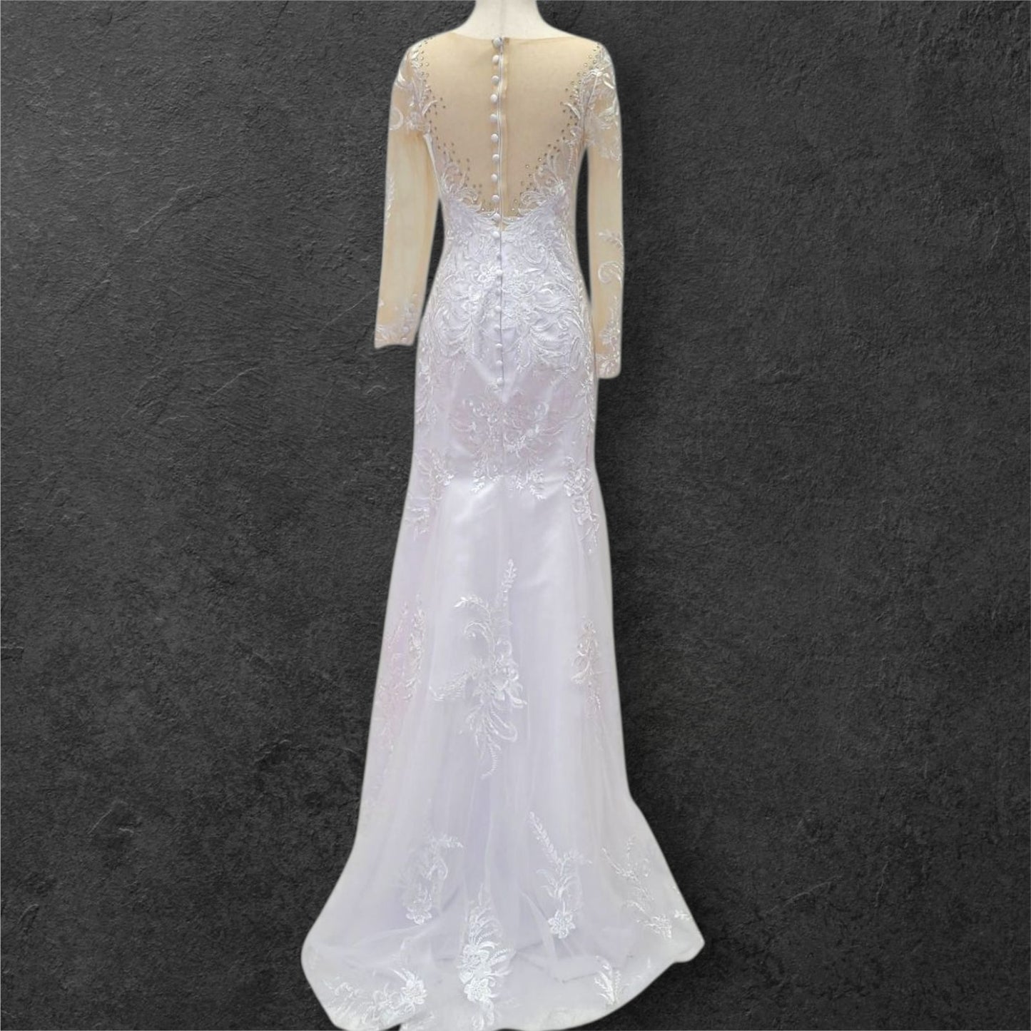 Fitted V Neck Wedding Dress with Long Mesh Sleeves with Lace