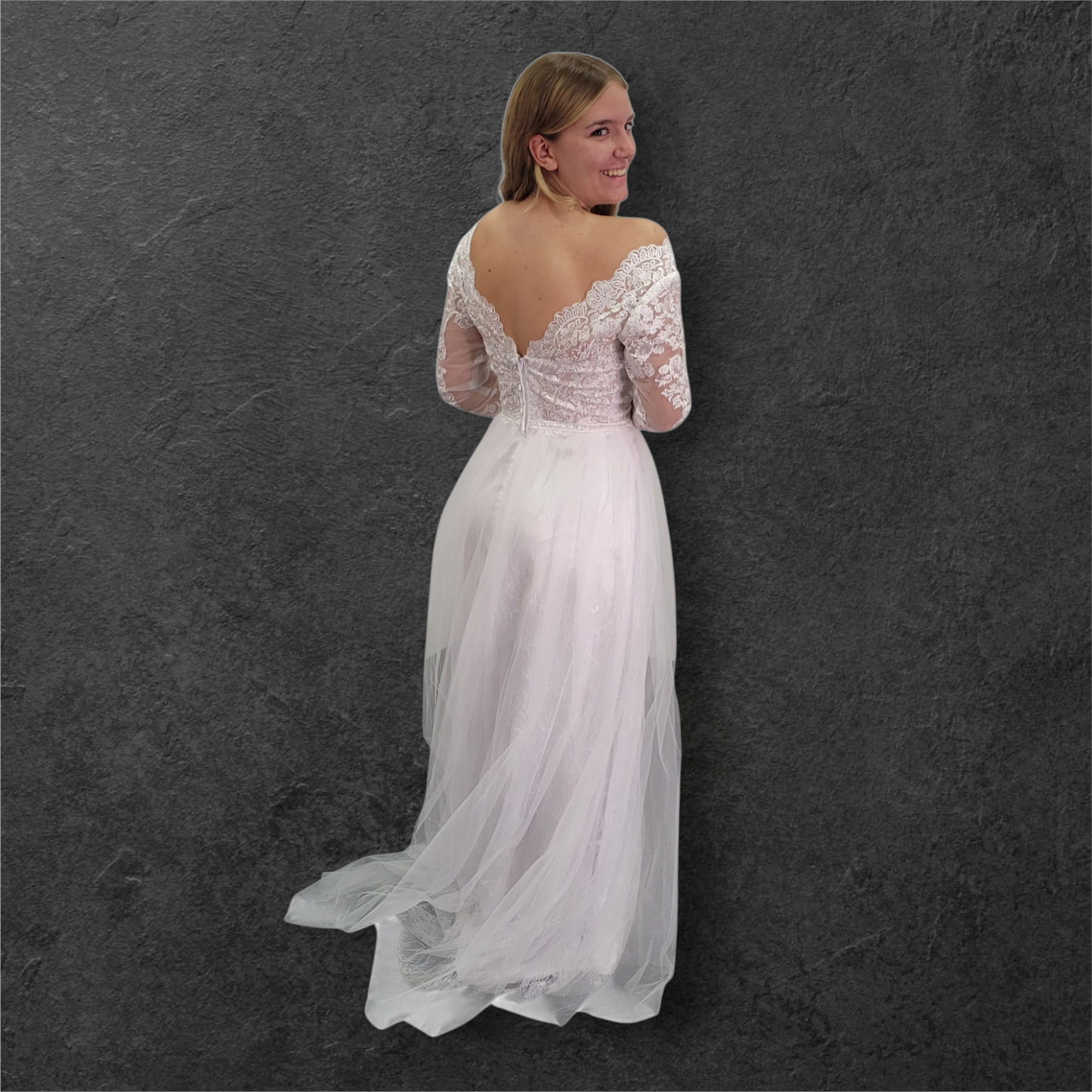Long Sleeve A Line Tulle Wedding Dress with Fitted Lace Sleeves and Bodice