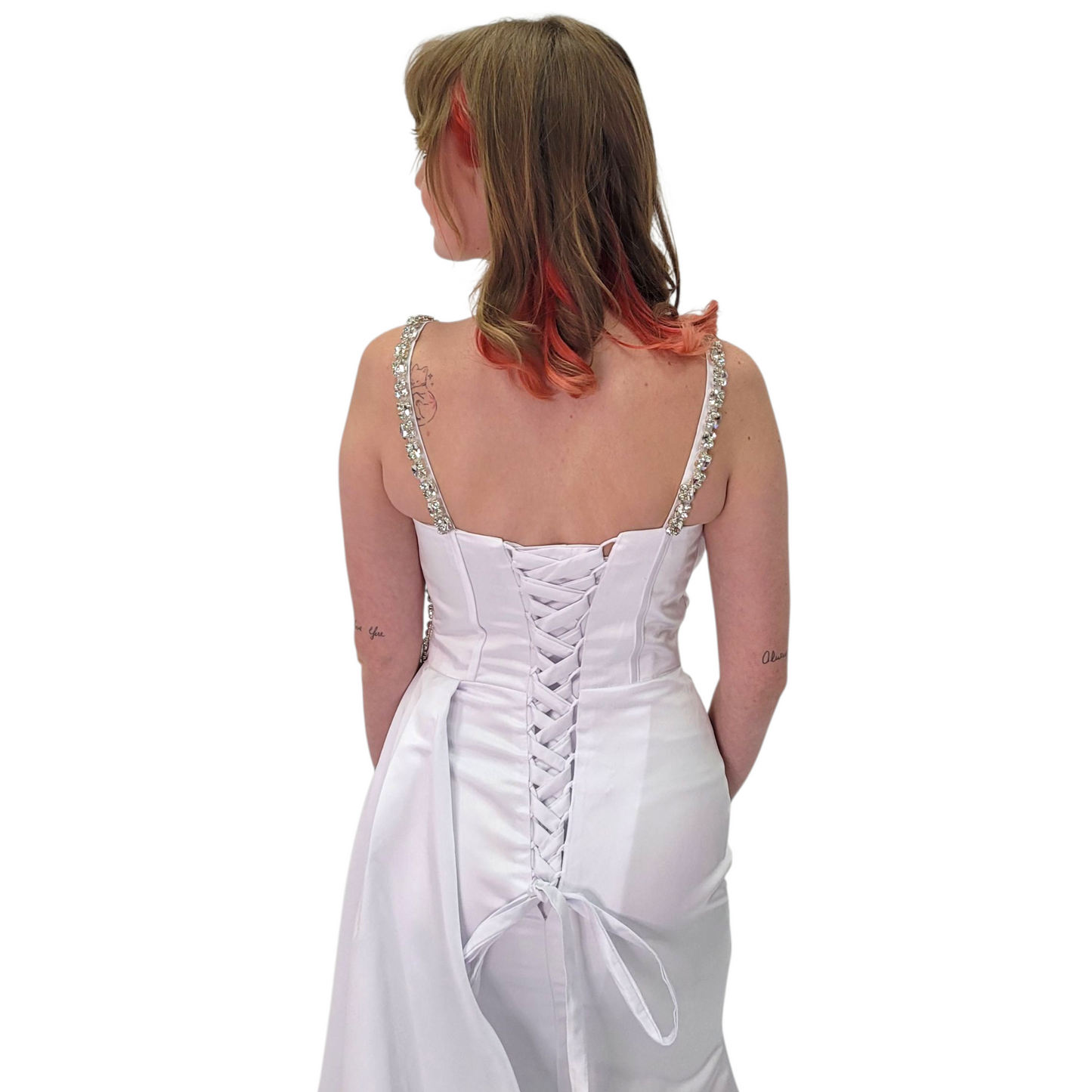 Fitted Satin White Gown with Large Jeweled Straps and Bodice Design