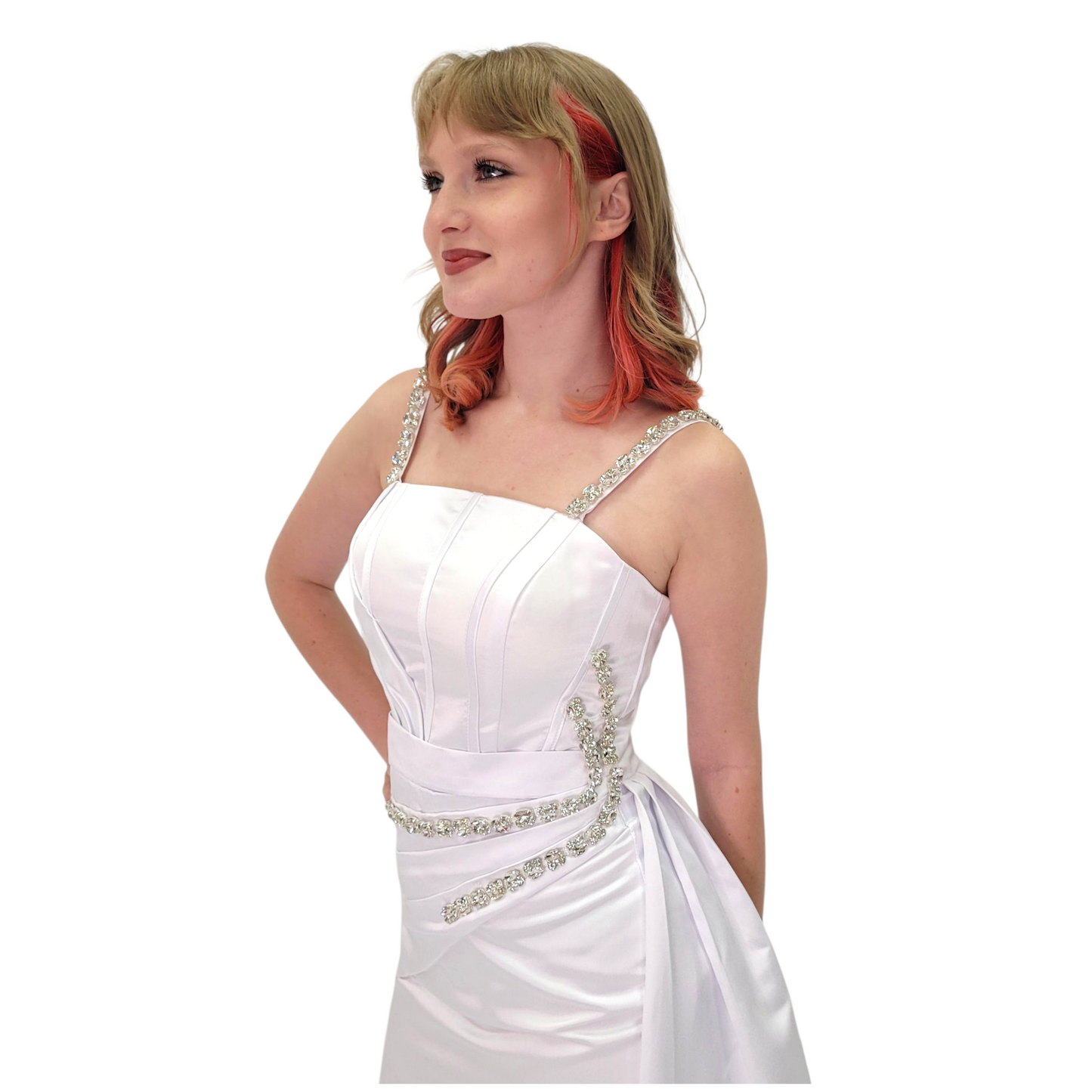 Fitted Satin White Gown with Large Jeweled Straps and Bodice Design