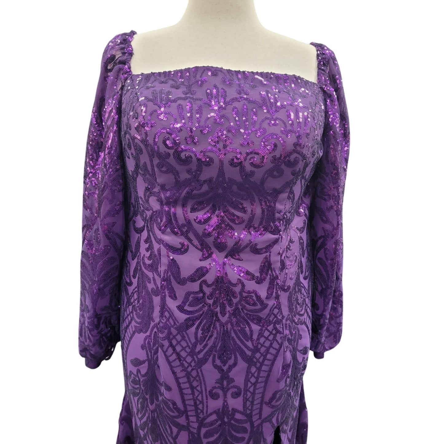 Long Sleeved Patterned Sequin Gown in Purple