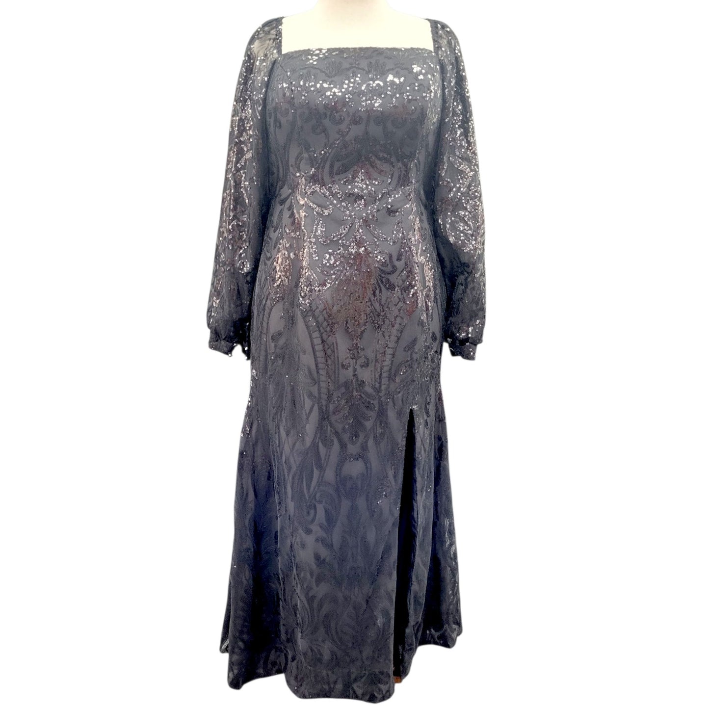 Long Sleeved Patterned Sequin Gown in Black