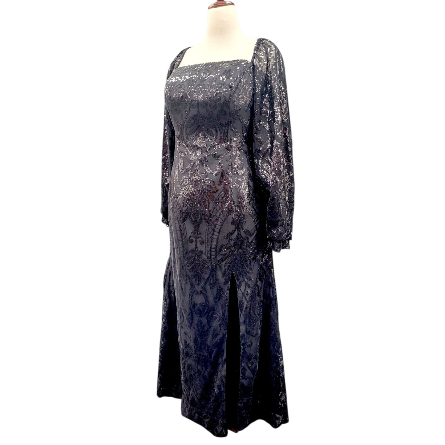 Long Sleeved Patterned Sequin Gown in Black