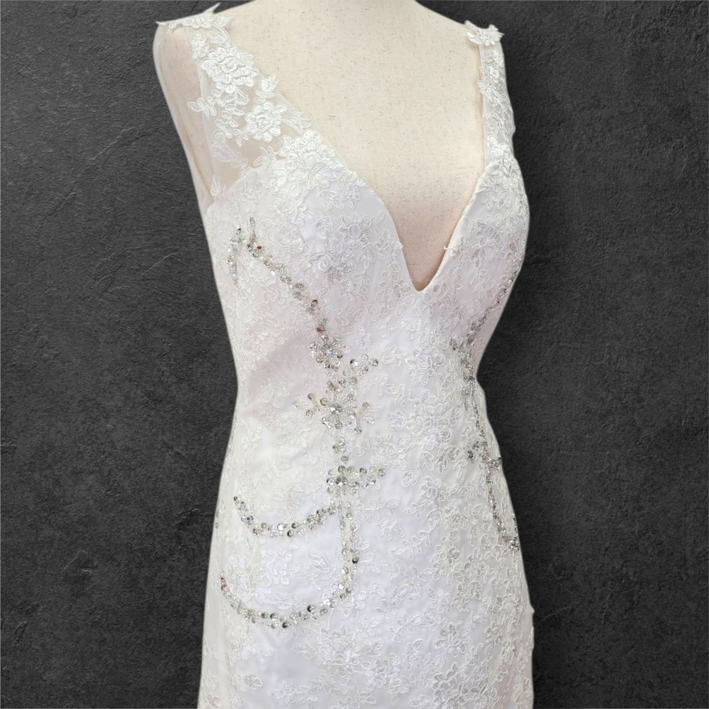 Detailed V Neck Wedding Dress with Silver Sequin Design