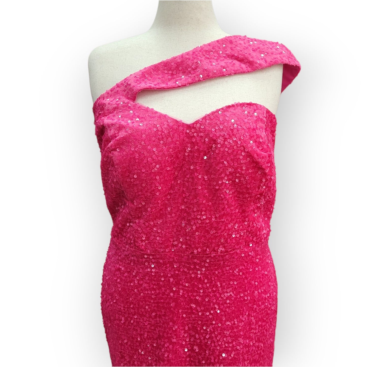 Fitted Hot Pink Sequin Gown with Asymmetric Shoulder Strap