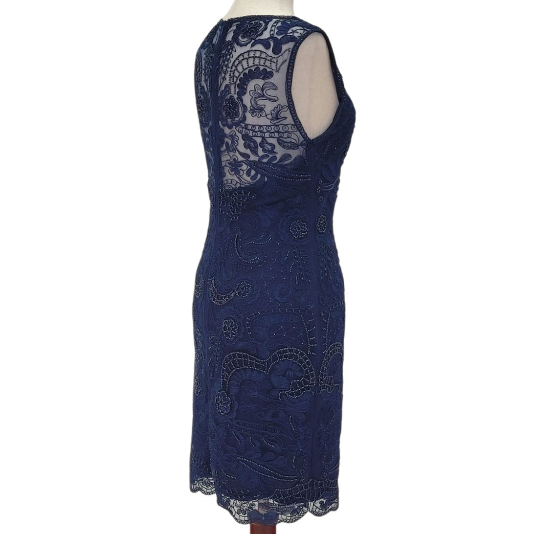 Navy Blue Scoop Neck Cocktail Dress with Beautiful Detailed Bead Overlay